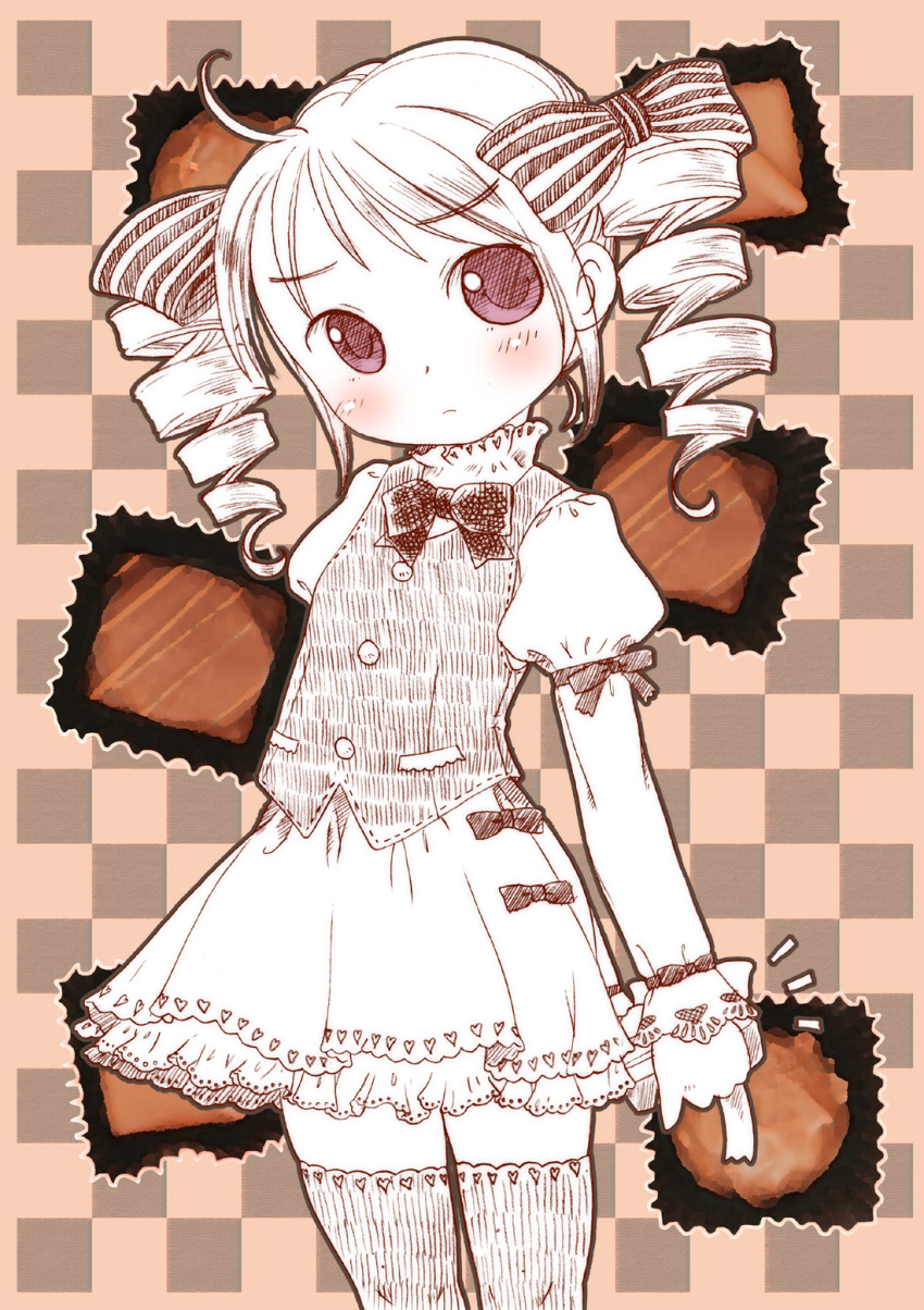 1girl ahoge albino blush bow checkered checkered_background closed_mouth commentary dress drill_hair eyebrows_visible_through_hair hair_ornament hatomugi_(mamotan) head_tilt highres juliet_sleeves long_sleeves looking_at_viewer open_eyes original puffy_sleeves red_eyes solo standing thigh-highs white white_dress white_legwear white_skin zettai_ryouiki
