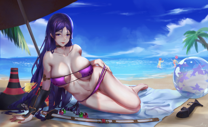 1girl absurdres alov ball beach beach_umbrella beachball bikini breasts choker cleavage collarbone day eyepatch_bikini fate/grand_order fate_(series) frankenstein's_monster_(swimsuit_saber)_(fate) hand_on_hip highres large_breasts long_hair looking_at_viewer minamoto_no_raikou_(swimsuit_lancer)_(fate) navel nero_claudius_(fate)_(all) nero_claudius_(swimsuit_caster)_(fate) outdoors palm_tree purple_bikini purple_hair sheath shoes_removed sitting sky smile solo swimsuit tree umbrella violet_eyes