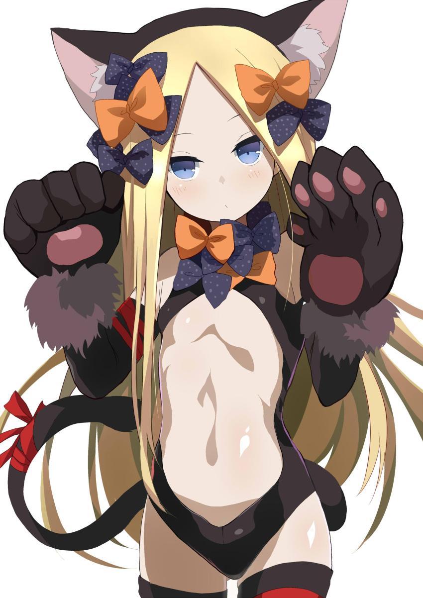 1girl abigail_williams_(fate/grand_order) absurdres animal_ears arms_up black_gloves black_legwear black_leotard blonde_hair blue_eyes bow cat_ears cat_tail center_opening cosplay expressionless fake_animal_ears fate/grand_order fate/kaleid_liner_prisma_illya fate_(series) flat_chest gloves hair_bow hairband highres illyasviel_von_einzbern illyasviel_von_einzbern_(cosplay) leotard long_hair paw_gloves paw_pose paws ribbon shimejinameko solo tail thigh-highs upper_body very_long_hair