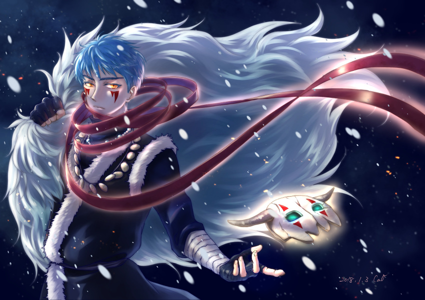 1boy akatsuki_no_yona artist_name bandage blue_hair cao_(cucurbita_k) commentary_request dated facial_mark fingerless_gloves fingernails fur_trim gloves glowing hand_up highres holding horns jewelry looking_at_viewer looking_to_the_side male_focus marking_on_cheek mask mask_removed necklace sinha_(akatsuki_no_yona) solo yellow_eyes