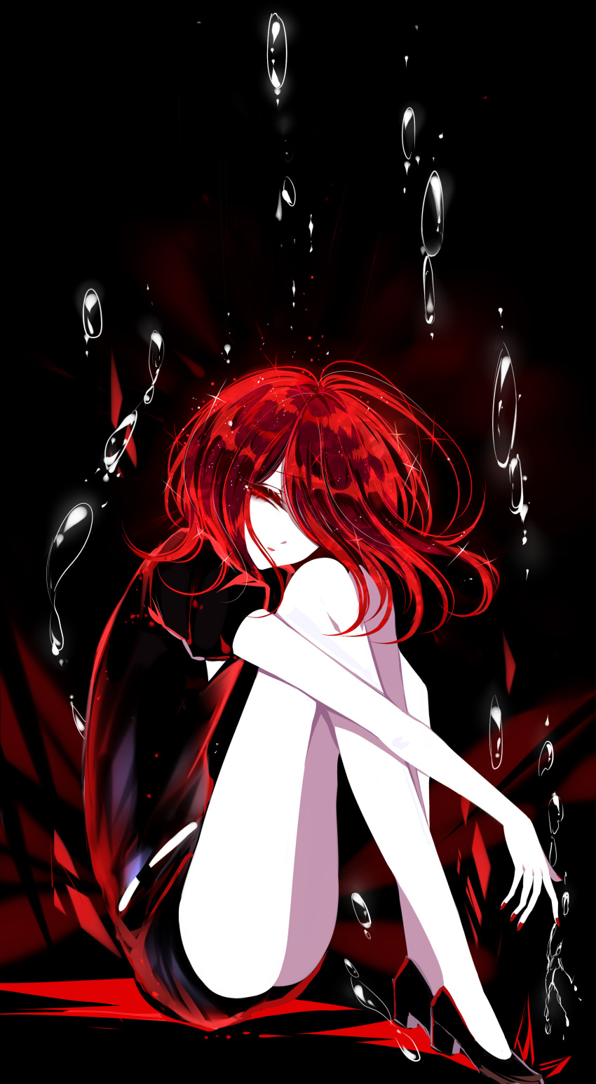 absurdres androgynous ass bare_legs black_background black_footwear commentary_request gem_uniform_(houseki_no_kuni) highres houseki_no_kuni knees_up looking_at_viewer parted_lips puffy_short_sleeves puffy_sleeves red_eyes redhead sheya shinsha_(houseki_no_kuni) short_hair short_sleeves sitting solo