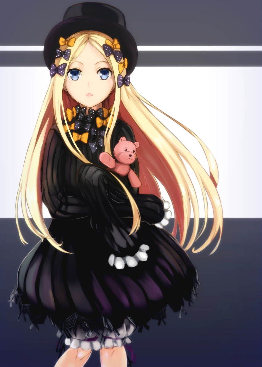 1girl abigail_williams_(fate/grand_order) absurdres bangs black_bow black_dress black_hat blonde_hair bloomers blue_eyes bow butterfly dress fate/grand_order fate_(series) forehead hair_bow hat highres long_hair long_sleeves looking_at_viewer object_hug orange_bow parted_bangs parted_lips polka_dot polka_dot_bow sleeves_past_wrists solo stuffed_animal stuffed_toy teddy_bear underwear very_long_hair white_bloomers yutama