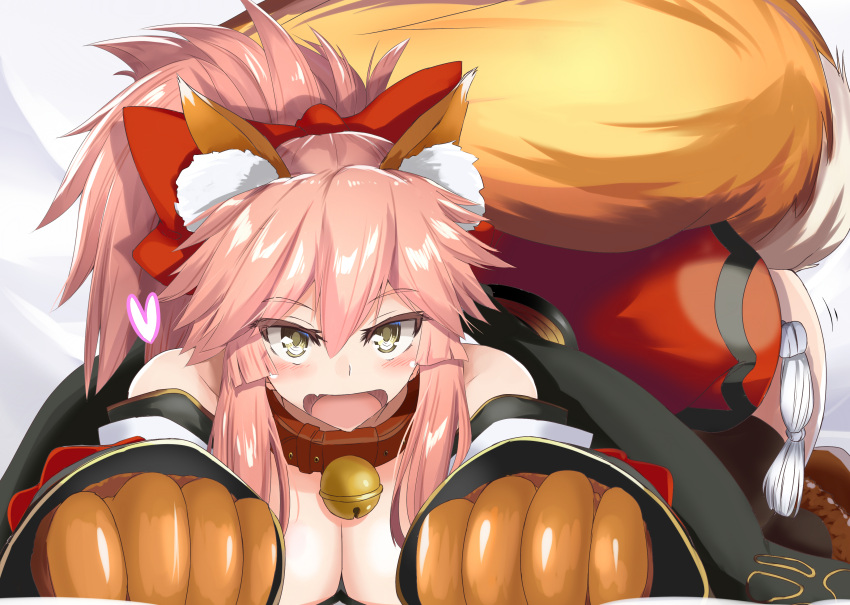 absurdres animal_ears ass_shake bare_shoulders bell bell_collar blush breasts cat_hair_ornament cat_paws cleavage collar detached_sleeves fang fangs fate/grand_order fate_(series) fox_ears fox_tail gloves hair_ornament hair_ribbon heart highres jingle_bell large_breasts long_hair ninoude_(ninoude44) open_mouth paw_gloves paw_shoes paws pink_hair ponytail red_ribbon ribbon shoes tail tamamo_(fate)_(all) tamamo_cat_(fate) tamamo_cat_(fate/grand_order) yellow_eyes
