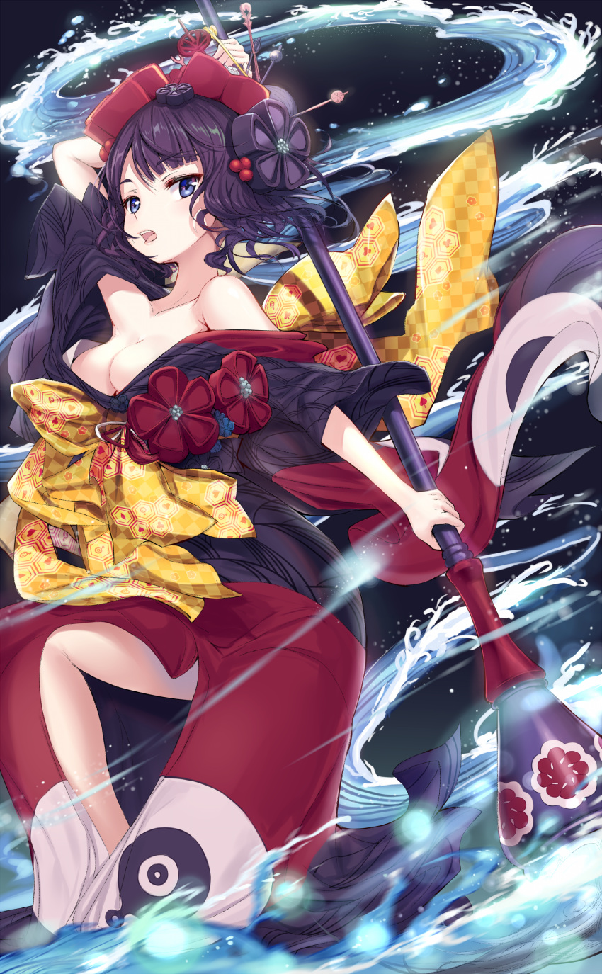 1girl absurdres black_hair blue_eyes breasts calligraphy_brush fate/grand_order fate_(series) flower giant_brush hair_flower hair_ornament hairpin highres japanese_clothes katsushika_hokusai_(fate/grand_order) kimono looking_at_viewer medium_breasts obi open_mouth paintbrush pdxen sash short_hair solo