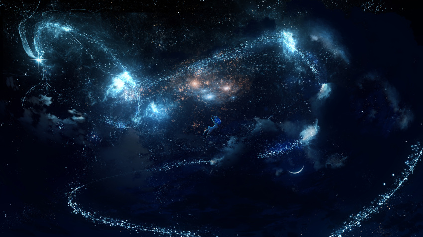 1girl bare_arms blue_skirt clouds commentary_request dress fantasy floating highres light_particles long_hair night night_sky original scenery skirt sky solo space star_(sky) starry_sky y_y_(ysk_ygc)
