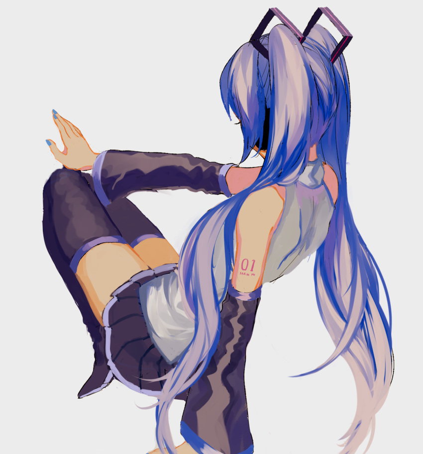 1girl bare_shoulders black_legwear black_skirt blue_hair blue_nails detached_sleeves facing_away fingernails from_behind hatsune_miku highres legs_together long_hair nail_polish p2_(uxjzz) pleated_skirt shirt sitting skirt sleeveless sleeveless_shirt solo tattoo thigh-highs very_long_hair vocaloid