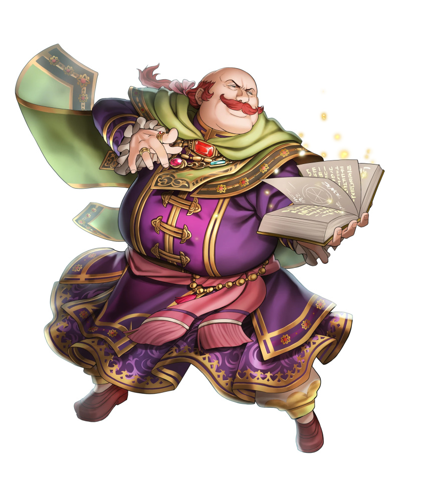 1boy bald book bow cape facial_hair fat fat_man fire_emblem fire_emblem:_akatsuki_no_megami fire_emblem_heroes full_body gem grey_eyes highres jewelry long_hair low_ponytail male_focus mustache official_art oliver_(fire_emblem) redhead ring solo transparent_background