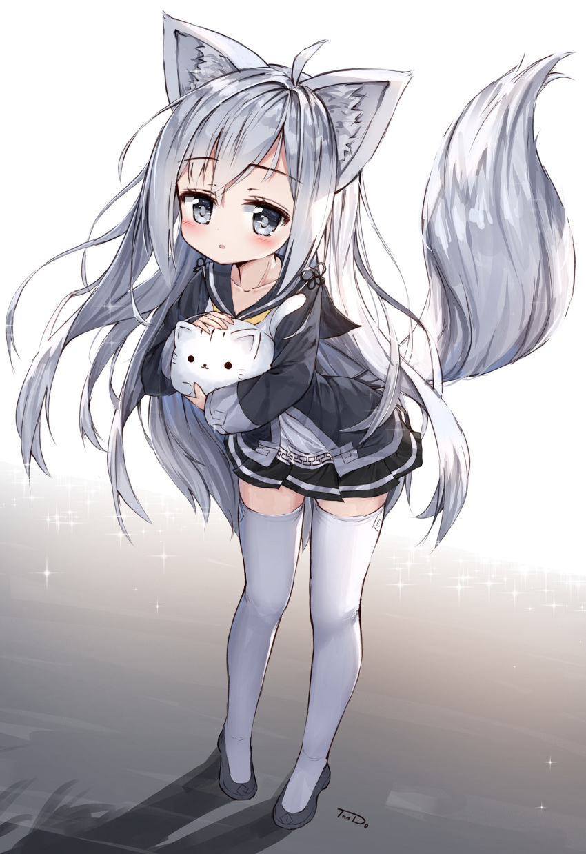 1girl :o ahoge animal animal_ears bangs black_footwear black_jacket black_skirt blade_&amp;_soul blush cat collarbone commentary_request eyebrows_visible_through_hair fox_ears fox_girl fox_tail full_body grey_eyes hair_between_eyes highres holding holding_animal jacket long_hair looking_at_viewer lyn_(blade_&amp;_soul) open_clothes open_jacket parted_lips petting pleated_skirt school_uniform serafuku shirt shoes signature silver_hair skirt sparkle standing tail tandohark thigh-highs very_long_hair white_background white_legwear white_shirt yellow_neckwear