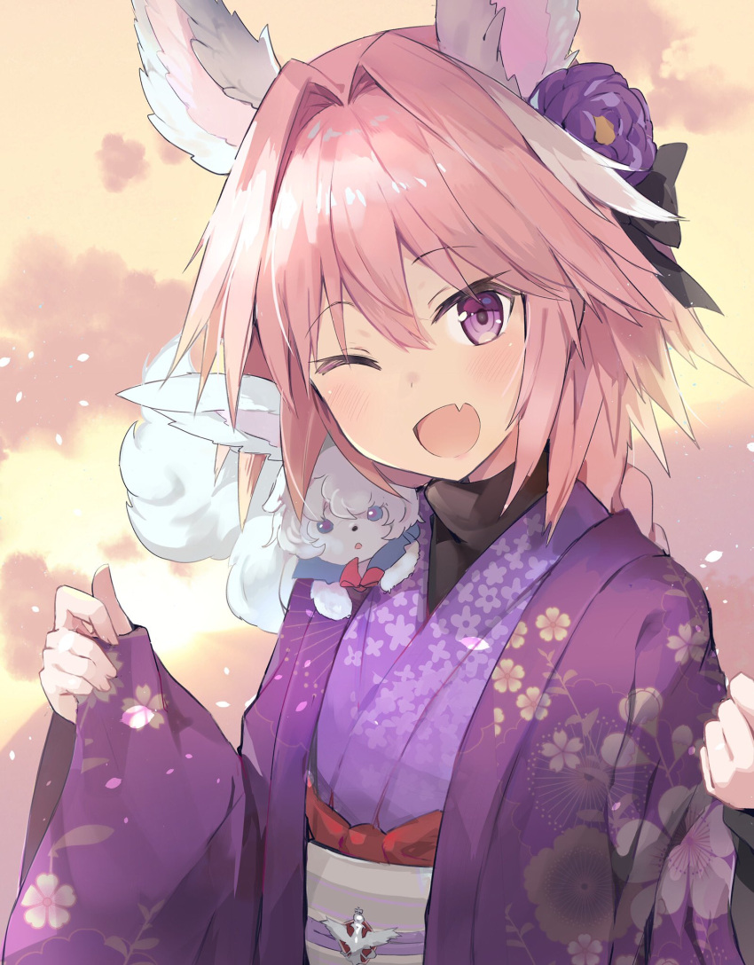 :d animal_ears astolfo_(fate) bangs braid character_request clenched_hand evening eyebrows_visible_through_hair fang fate/apocrypha fate/grand_order fate_(series) flower fou_(fate/grand_order) hair_between_eyes hair_flower hair_ornament highres holding_clothes japanese_clothes kemonomimi_mode kimono kusumoto_touka long_sleeves looking_at_viewer one_eye_closed open_mouth pink_hair purple_flower purple_kimono sash single_braid smile solo sunlight trap underwear violet_eyes wide_sleeves