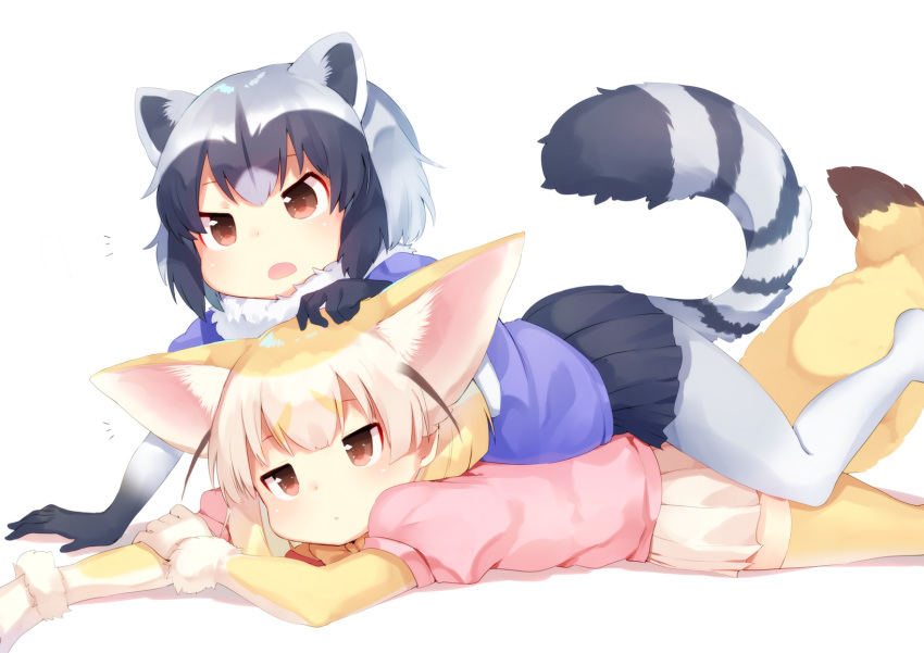 2girls animal_ears arare_mochiko black_gloves black_hair black_skirt blonde_hair brown_eyes commentary_request common_raccoon_(kemono_friends) fennec_(kemono_friends) fox_ears fur_collar gloves grey_hair hand_on_another's_head highres kemono_friends lying miniskirt multicolored_hair multiple_girls pantyhose pink_sweater pleated_skirt raccoon_ears raccoon_tail short_hair skirt striped_tail sweater tail thigh-highs white_background white_gloves white_hair white_legwear white_skirt yellow_legwear