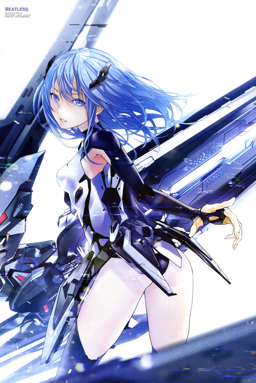 1girl absurdres armpit_cutout ass beatless blue_eyes blue_hair bodysuit breasts contrapposto fingerless_gloves from_side gloves headgear highres leaning_forward looking_at_viewer parted_lips redjuice scan simple_background small_breasts solo thigh-highs white_background white_legwear