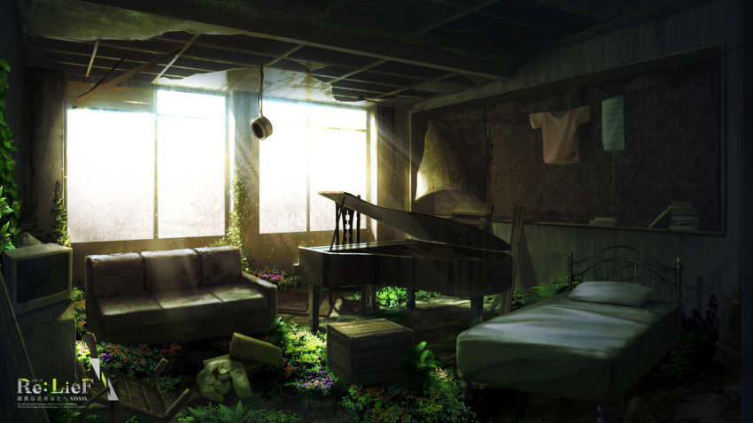 bed chains clothes copyright_name couch crate day indoors instrument light_particles light_rays mikago_kotaro monitor no_humans piano re:lief_~shin'ai_naru_anata_e~ ruins scenery watermark window