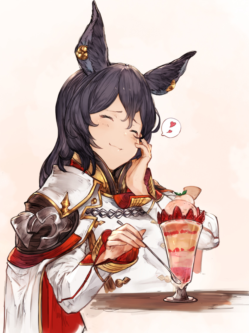 1girl black_hair cape closed_eyes colored commentary_request earrings erun_(granblue_fantasy) food fruit granblue_fantasy hair_between_eyes hand_on_own_cheek heart highres ice_cream ilsa jewelry long_hair signature simple_background smile solo spoon strawberry sundae table yashigaras