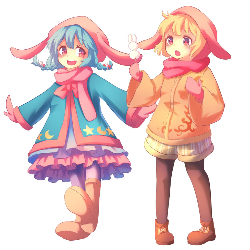 2girls adapted_costume black_legwear blonde_hair blue_hair brown_footwear coat crescent dango food hat highres holding leg_lift long_sleeves mittens multiple_girls open_mouth outstretched_arms pantyhose pink_scarf red_eyes ringo_(touhou) scarf seiran_(touhou) shoes short_hair short_twintails simple_background smile standing star touhou twintails wagashi white_background winter_clothes yanaki_(yngaailg)