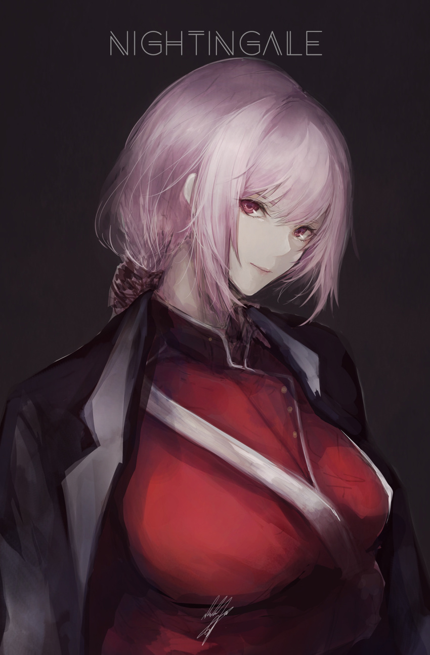 1girl bangs black_jacket braid breasts buckle buttons character_name closed_mouth expressionless eyebrows_visible_through_hair eyes_visible_through_hair fate/grand_order fate_(series) florence_nightingale_(fate/grand_order) framed_breasts grey_background hair_between_eyes head_tilt highres jacket jacket_on_shoulders large_breasts lipstick long_hair looking_at_viewer makeup marumoru military military_uniform pink_hair red_eyes sidelocks signature simple_background solo strap uniform