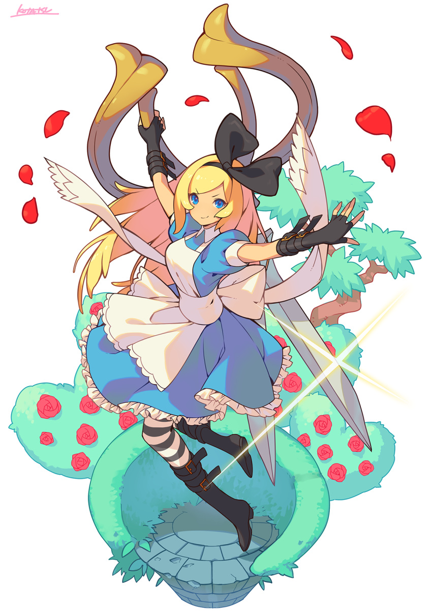 1girl alice_in_wonderland apron arms_up bangs black_bow black_footwear black_gloves blonde_hair blue_dress blue_eyes boots bow dress fingerless_gloves flower frilled_dress frills glint gloves grass hair_bow hairband heart highres jumping knee_boots kotatsu_(g-rough) looking_at_viewer oversized_object pantyhose petals puffy_short_sleeves puffy_sleeves red_flower red_rose rose scissors short_sleeves signature simple_background smile solo striped striped_legwear v-shaped_eyebrows white_apron white_background