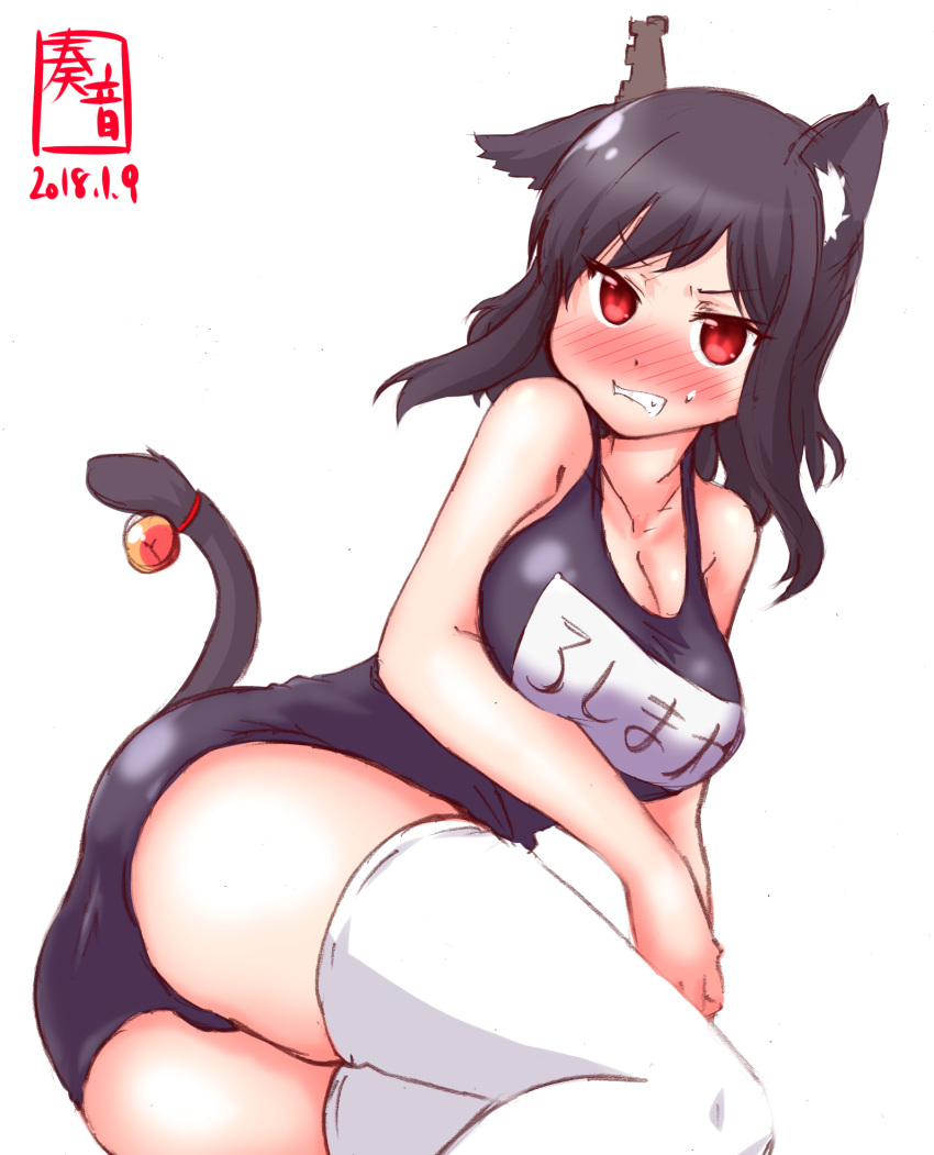 1girl angry animal_ears azur_lane bell black_hair black_swimsuit blush cat_ears cat_tail commentary_request cosplay cowboy_shot dated hair_ornament highres jingle_bell kanon_(kurogane_knights) kantai_collection logo looking_at_viewer name_tag red_eyes revision school_swimsuit short_hair simple_background solo swimsuit tail thigh-highs white_background white_legwear yamashiro_(azur_lane) yamashiro_(azur_lane)_(cosplay) yamashiro_(kantai_collection)