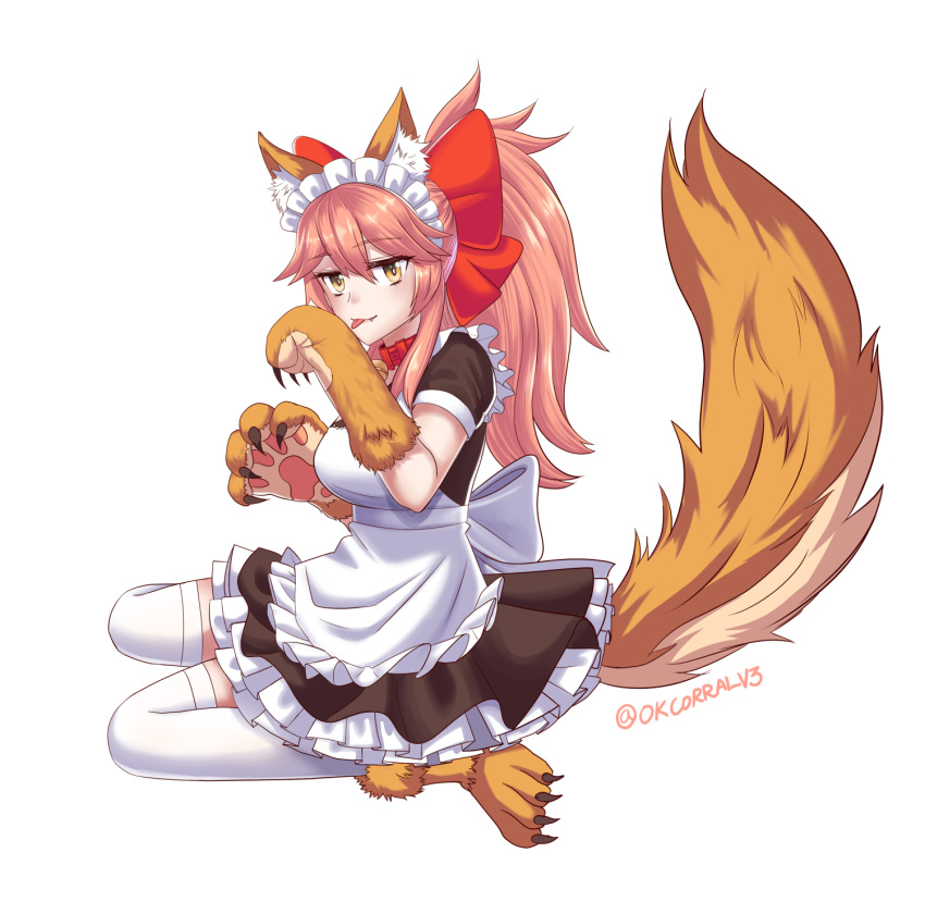 1girl alternate_costume animal_ears apron bell bell_collar breasts cat_paws collar dress enmaided fang fangs fate/grand_order fate_(series) fox_ears fox_tail gloves hair_ribbon highres jingle_bell large_breasts licking looking_at_viewer maid maid_apron maid_headdress o.k.corral paw_gloves paw_shoes paws pink_hair ponytail red_ribbon ribbon shoes simple_background sitting solo tail tamamo_(fate)_(all) tamamo_cat_(fate) tamamo_cat_(fate/grand_order) thigh-highs tongue tongue_out white_background white_legwear yellow_eyes