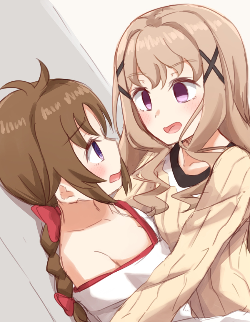 2girls :d @_@ against_wall antenna_hair bangs bare_shoulders blonde_hair blush bow brown_hair dutch_angle eye_contact eyebrows from_side hair_bow hair_ornament high_school_fleet highlights highres kapatarou long_hair looking_at_another low_ponytail multicolored_hair multiple_girls off_shoulder open_mouth pink_eyes profile red_bow shirt sidelocks smile sweater tareme uda_megumi upper_body violet_eyes wall_slam wavy_hair white_shirt x_hair_ornament yagi_tsugumi yellow_sweater yuri