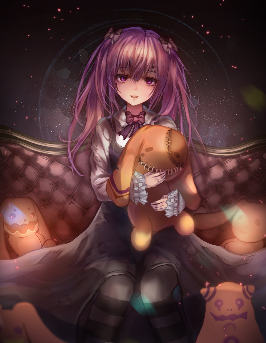 1girl bangs blush bow cotn7806 couch dress fang hair_between_eyes hair_bow head_tilt highres holding light_particles long_hair looking_at_viewer original parted_lips purple_hair sitting solo striped striped_legwear stuffed_toy violet_eyes