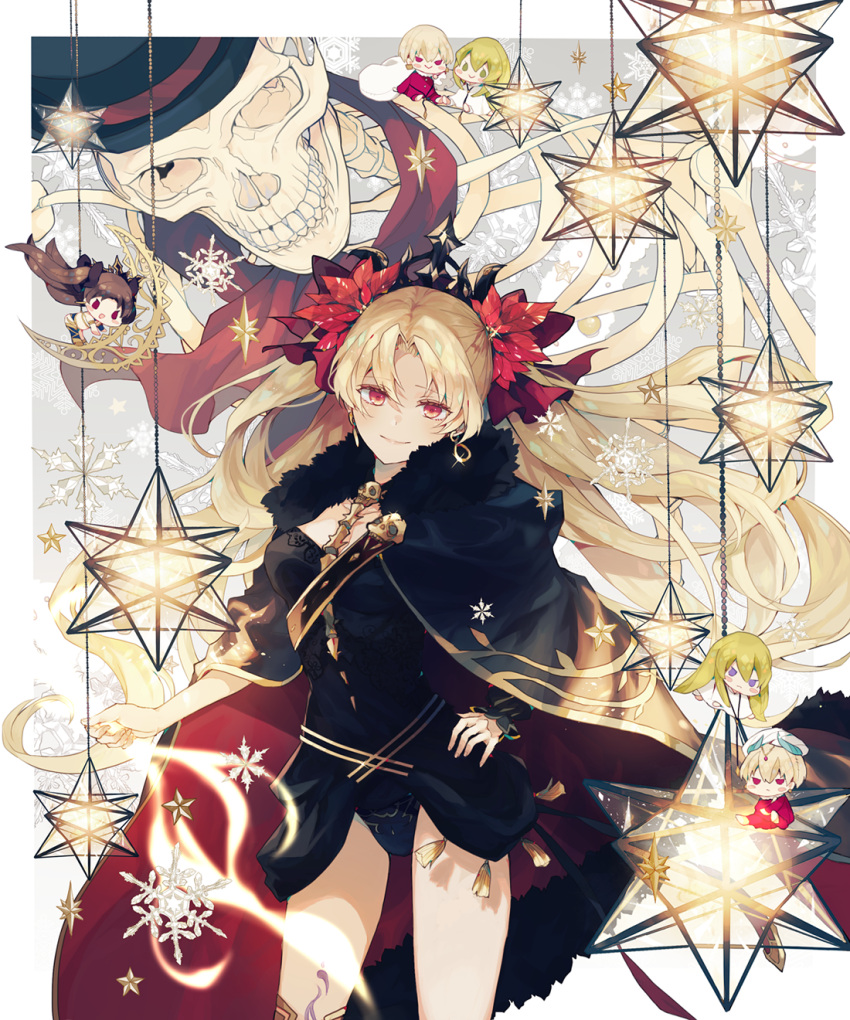 1girl bangs between_breasts black_cape black_leotard blonde_hair cape character_doll chart closed_mouth commentary contrapposto cowboy_shot earrings enkidu_(fate/strange_fake) ereshkigal_(fate/grand_order) fate/grand_order fate_(series) fur_trim gilgamesh gilgamesh_(caster)_(fate) hand_on_hip highres infinity ishtar_(fate/grand_order) jewelry leotard long_hair looking_at_viewer multicolored multicolored_cape multicolored_clothes necklace parted_bangs red_cape satsuki_(miicat) skeleton skull smile snowflakes solo spine standing stellated_octahedron tassel two_side_up very_long_hair