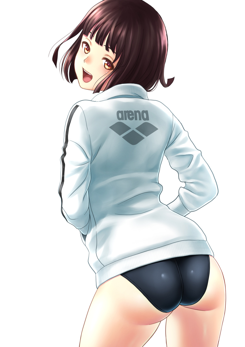 1girl absurdres arena_(company) ass bangs black_hair blunt_bangs brown_eyes competition_swimsuit from_behind hands_in_pockets highleg highleg_swimsuit highres jacket kuri_(kurigohan) logo one-piece_swimsuit open_mouth original short_hair simple_background smile solo swimsuit swimsuit_under_clothes white_background white_jacket