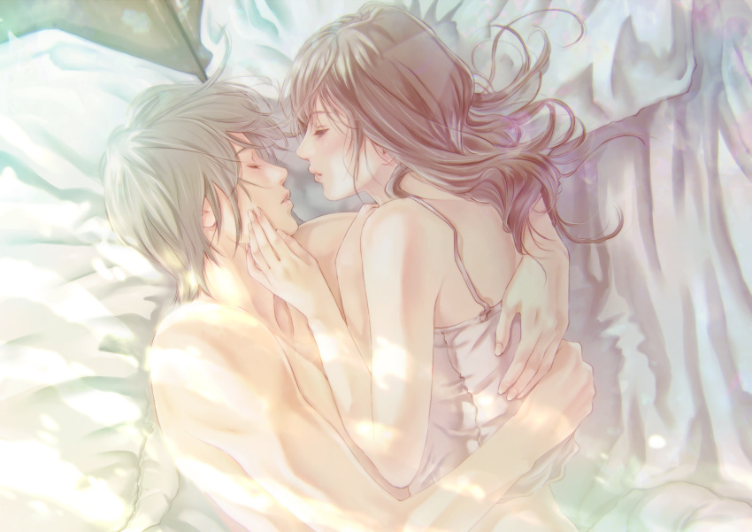 1boy 1girl blush commentary couple eye_contact girl_on_top grey_hair hand_on_another's_cheek hand_on_another's_face hetero highres hug imminent_kiss kinoebi lingerie long_hair looking_at_another lying morning original pillow short_hair sleeping underwear