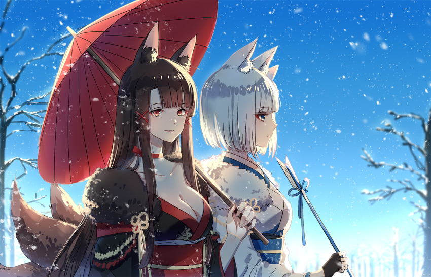 2girls akagi_(azur_lane) animal_ears arrow azur_lane black_gloves black_hair blue_eyes breasts choker cleavage eyebrows_visible_through_hair eyeliner fingerless_gloves fox_ears fox_tail fur_trim gloves hair_ribbon hamaya iven_(hongwenwen) japanese_clothes kaga_(azur_lane) kimono large_breasts long_hair looking_at_viewer makeup medium_breasts multiple_girls multiple_tails parted_lips red_eyes ribbon short_hair silver_hair smile snow snowing tail umbrella upper_body