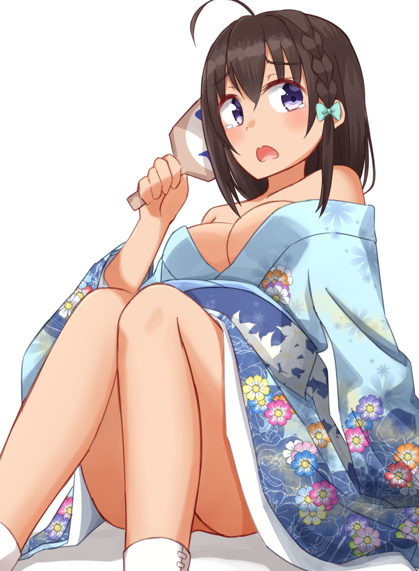 1girl ahoge bare_shoulders black_hair blue_kimono braid breasts dark_skin floral_print hagoita high_school_fleet highres japanese_clothes kapatarou kimono looking_at_viewer medium_breasts open_mouth paddle short_hair simple_background single_braid sitting solo uchida_mayumi violet_eyes white_background