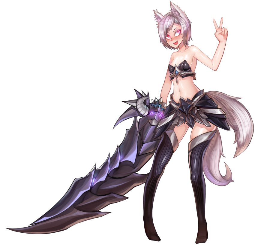 1girl 3gs animal_ears armor blush breasts elsword fang heart heart-shaped_pupils highres navel open_mouth oversized_clothes red_eyes short_hair small_breasts solo symbol-shaped_pupils thigh-highs v weapon white_background white_hair