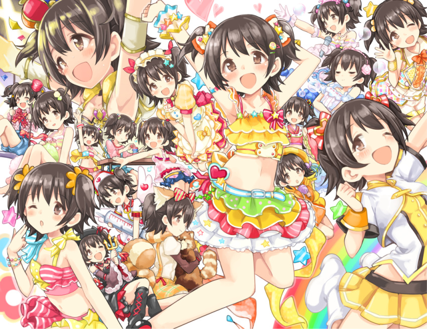 1girl akagi_miria animal_ears ayami_(ayanoayanosuke) black_hair brown_eyes closed_eyes commentary_request costume gloves hat idolmaster idolmaster_cinderella_girls idolmaster_cinderella_girls_starlight_stage jacket maid_headdress midriff mini_hat mini_top_hat morina_nao multiple_persona navel open_mouth outstretched_arm outstretched_hand pikapikapop raccoon_ears raccoon_tail short_hair skirt striped tail tanuki thigh-highs top_hat twintails two_side_up white_gloves