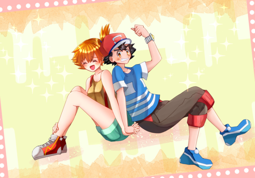 1girl :d back-to-back black_hair blush brown_eyes cap clenched_teeth closed_eyes embarrassed film_strip hand_holding kasumi_(pokemon) open_mouth orange_hair pokemon pokemon_(anime) pokemon_sm_(anime) satoshi_(pokemon) shirt shoes short_hair short_ponytail shorts side_ponytail smile sneakers solo suspenders t-shirt tank_top teeth watch watch yuno_(asanan)