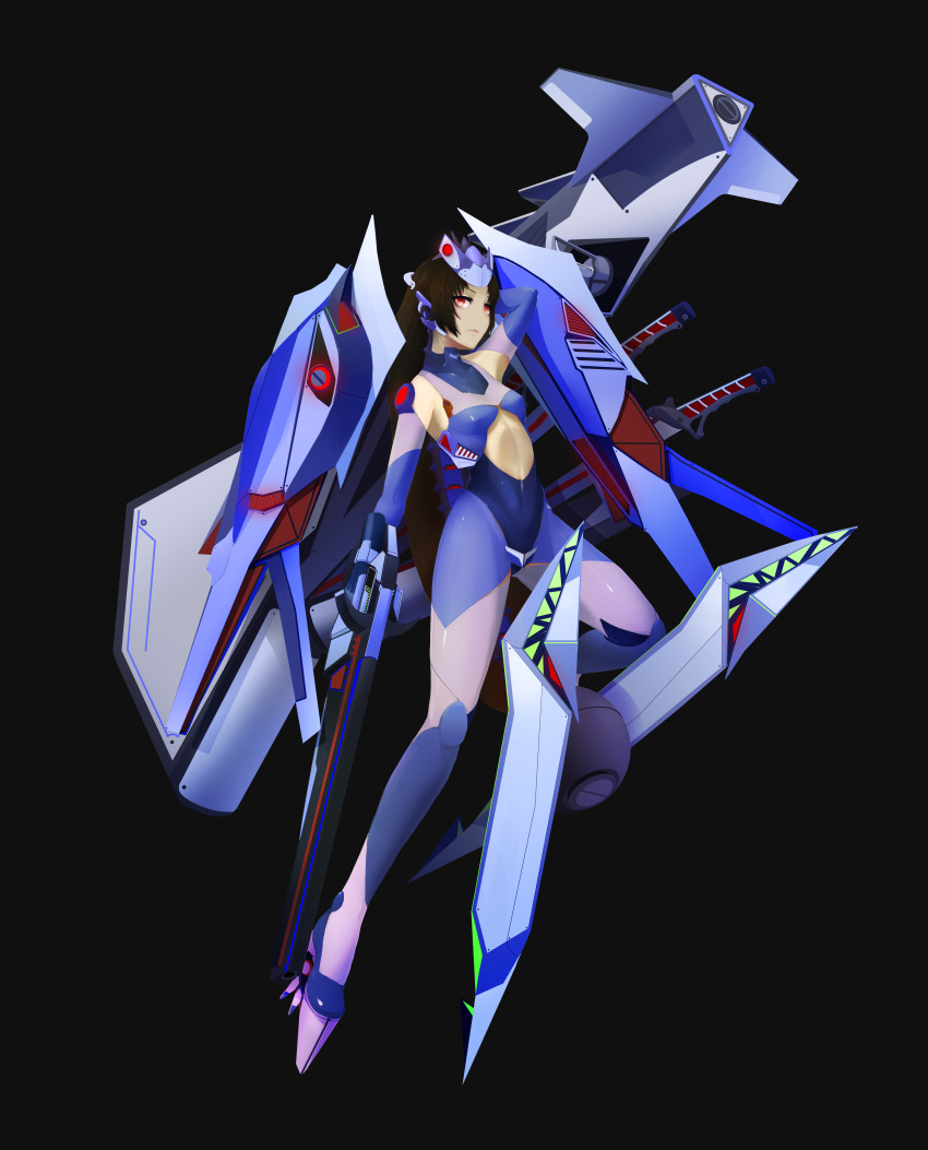 1girl absurdres arm_cannon arm_up black_background breasts brown_hair closed_mouth eyebrows full_body highres long_hair looking_at_viewer original qianhe_ziyan red_eyes simple_background small_breasts solo weapon