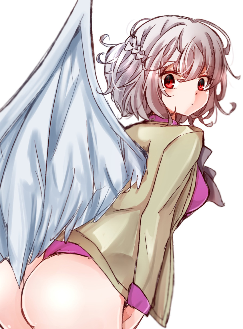 1girl absurdres ass bangs braid breasts brown_jacket cowboy_shot eyebrows_visible_through_hair french_braid from_side grey_hair highres jacket kishin_sagume leaning_forward long_sleeves looking_at_viewer medium_breasts open_clothes open_jacket red_eyes short_hair simple_background single_wing solo touhou white_background white_wings wings