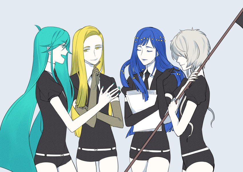 ahoge alexandrite_(houseki_no_kuni) androgynous aqua_eyes aqua_hair blonde_hair blue_hair cao_hong_anh chrysoberyl_(houseki_no_kuni) elbow_gloves gem_uniform_(houseki_no_kuni) ghost_quartz_(houseki_no_kuni) gloves green_eyes green_hair grey_hair highres houseki_no_kuni lapis_lazuli_(houseki_no_kuni) long_hair necktie short_hair shorts smile uniform yellow_eyes