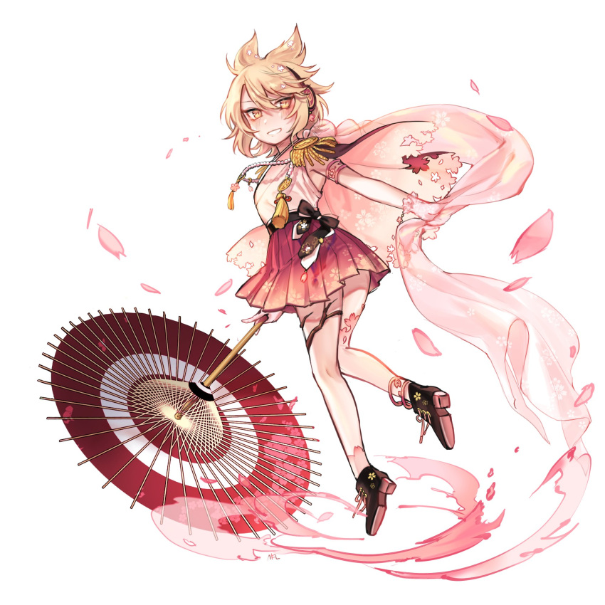1girl anklet bare_legs black_footwear blonde_hair cherry_blossoms earmuffs elbow_gloves floral_print gloves hair_between_eyes highres holding holding_umbrella jewelry miniskirt oriental_umbrella pink pink_skirt pleated_skirt pointy_hair shan shawl shoes simple_background skirt sleeveless solo tassel touhou toyosatomimi_no_miko umbrella white_background white_gloves yellow_eyes