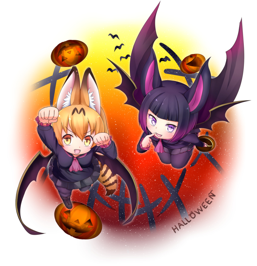 2girls :d animal_ears arm_up ascot bangs bat_ears bat_girl black_hair black_skirt blonde_hair blunt_bangs cape commentary_request common_vampire_bat_(kemono_friends) common_vampire_bat_(kemono_friends)_(cosplay) cosplay fangs finger_to_mouth from_above gradient halloween highres jack-o'-lantern kemono_friends looking_at_viewer multicolored_hair multiple_girls nina_yuki open_mouth paw_pose pink_neckwear pleated_skirt pumpkin purple_hair serval_(kemono_friends) serval_ears serval_tail short_hair skirt smile tail v-shaped_eyebrows violet_eyes yellow_eyes