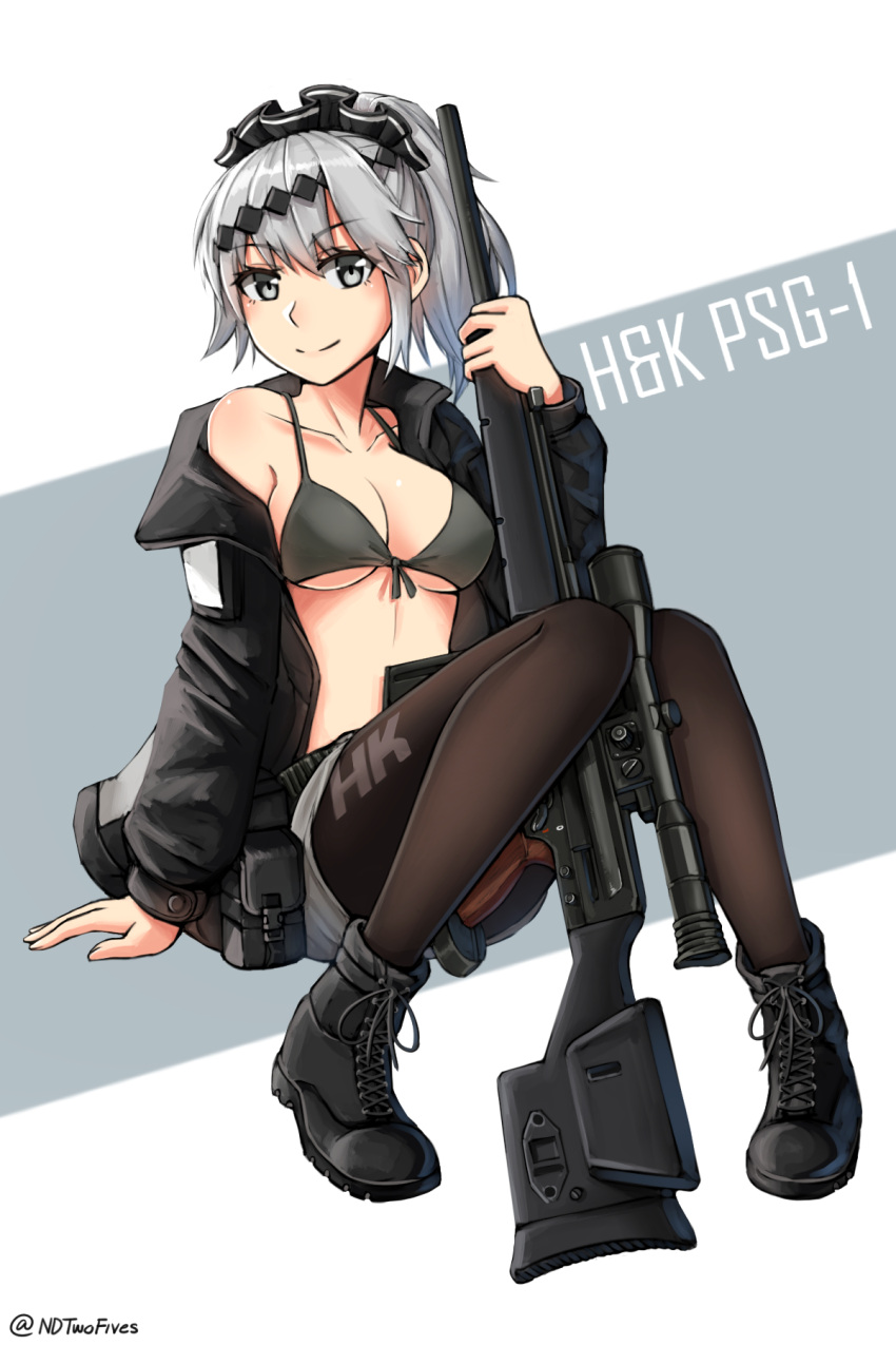 1girl between_legs bikini_top black_footwear black_jacket black_legwear breasts character_name cleavage eyebrows_visible_through_hair front-tie_bikini front-tie_top full_body girls_frontline grey_eyes grey_hair gun hair_between_eyes hair_ribbon heckler_&amp;_koch highres holding holding_gun holding_weapon jacket medium_breasts ndtwofives off_shoulder open_clothes open_jacket pantyhose ponytail pouch psg-1 psg-1_(girls_frontline) ribbon rifle scope shoes sitting smile sniper_rifle solo twitter_username under_boob weapon