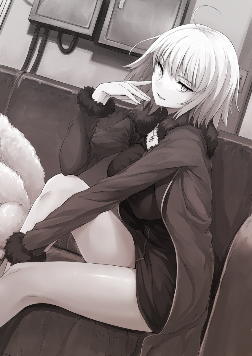 1girl akita_hika breasts character_request commentary_request eyebrows_visible_through_hair fate/grand_order fate_(series) fur-trimmed_sleeves fur_collar fur_trim hand_on_own_face highres jacket jeanne_d'arc_(alter)_(fate) jeanne_d'arc_(fate)_(all) jewelry long_sleeves looking_at_viewer medium_breasts necklace open_clothes open_jacket sepia shirt short_hair sitting solo