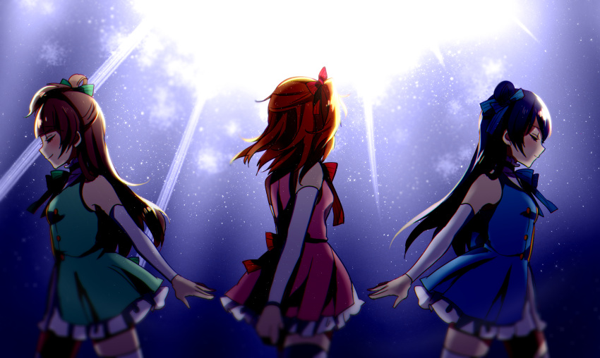 3girls bangs bare_shoulders blue_hair blue_ribbon closed_eyes commentary_request cowboy_shot detached_sleeves dress frills from_behind from_side green_ribbon grey_hair hair_between_eyes hair_bun hair_ornament hair_ribbon highres kousaka_honoka long_hair love_live! love_live!_school_idol_project minami_kotori multiple_girls one_side_up orange_hair red_ribbon ribbon sakura_yuki_(clochette) side_bun smile sonoda_umi start:dash!! thigh-highs