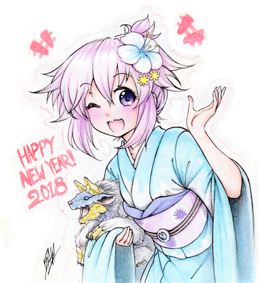 1girl 2018 absurdres alternate_costume alternate_hairstyle animal flower hair_flower hair_ornament happy_new_year highres holding holding_animal huge_filesize isaki_tanaka japanese_clothes kimono looking_at_viewer neptune_(choujigen_game_neptune) neptune_(series) new_year one_eye_closed open_mouth pink_hair sash short_hair signature smile traditional_media violet_eyes
