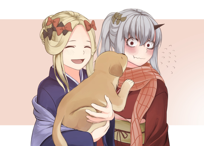 2girls :d :t ^_^ abigail_williams_(fate/grand_order) absurdres alternate_hairstyle animal bangs beige_background black_bow blonde_hair blue_kimono blush bow brown_bow brown_eyes brown_kimono brown_scarf closed_eyes closed_mouth commentary_request dog fate/grand_order fate_(series) flying_sweatdrops forehead grey_hair hair_between_eyes hair_bow hair_ornament hair_up highres holding holding_animal horn japanese_clothes kimono lavinia_whateley_(fate/grand_order) long_hair long_sleeves multiple_girls obi open_mouth ozu_(agito100001) parted_bangs ponytail sash sidelocks smile two-tone_background wavy_mouth white_background wide-eyed wide_sleeves