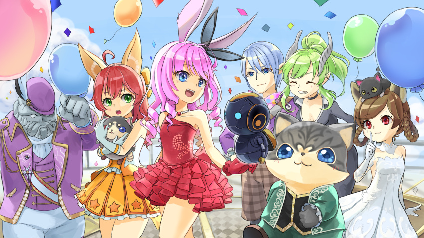 3boys 4girls :3 animal animal_ears animal_on_head arm_up artist_request balloon blue_eyes blue_hair braid breasts brown_hair castanic_(tera) cat cat_ears character_request cleavage closed_eyes curly_hair dog_ears dress elbow_gloves elin_(tera) finger_to_mouth frilled_sleeves frills gloves green_eyes green_hair grin hat high_elf highres horns hug jacket jewelry long_hair multiple_boys multiple_girls necklace object_hug on_head open_mouth pants pink_hair pointy_ears ponytail popori purple_jacket purple_vest rabbit_ears red_dress red_eyes red_gloves robot short_dress short_hair smile stuffed_toy tera_online twin_braids twintails vest white_dress white_gloves yellow_dress