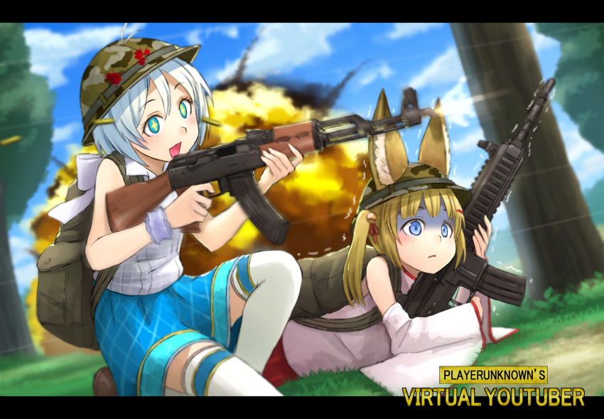 +_+ 2girls :d animal_ears backpack bag blonde_hair blue_eyes blue_skirt blue_sky blurry blurry_background casing_ejection clouds commentary_request crossover day dennou_shoujo_youtuber_shiro detached_sleeves explosion eyebrows_visible_through_hair firing fox_ears gun highres kurione_(zassou) letterboxed logo_parody lying mikoko_(kemomimi_vr_channel) multiple_girls nekomasu_(kemomimi_vr_channel) on_side one_knee open_mouth outdoors playerunknown's_battlegrounds scared shell_casing shiro_(dennou_shoujo_youtuber_shiro) skirt sky smile sweatdrop thigh-highs title_parody tree trembling turn_pale twintails weapon weapon_request white_hair white_legwear wide_sleeves