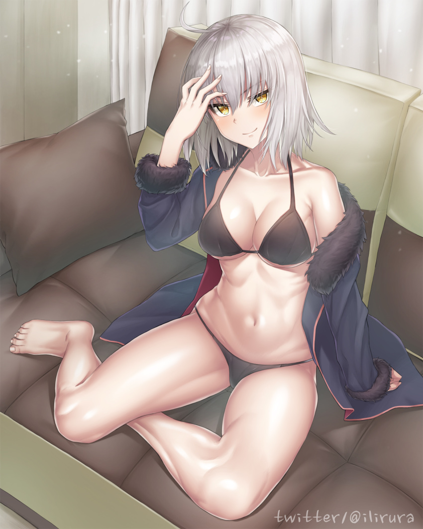 1girl barefoot bikini black_bikini black_jacket breasts couch curtains fate/apocrypha fate/grand_order fate_(series) full_body fur-trimmed_jacket fur_trim highres jacket jeanne_d'arc_(alter)_(fate) jeanne_d'arc_(fate)_(all) looking_at_viewer medium_breasts open_clothes open_jacket s-goon short_hair silver_hair sitting solo swimsuit window yellow_eyes yokozuwari