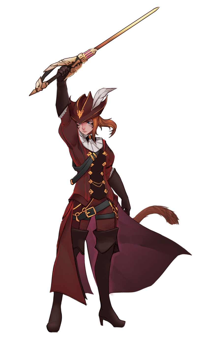 1girl absurdres arm_up belt blue_eyes boots brown_footwear brown_gloves commission final_fantasy final_fantasy_xiv full_body gloves hand_up hat hat_feather high_heel_boots high_heels highres holding holding_sword holding_weapon jacket less looking_at_viewer miqo'te orange_hair original paid_reward pants parted_lips patreon_reward pink_lips ponytail rapier red_jacket red_pants slit_pupils solo standing sword tail thigh-highs thigh_boots transparent_background waist_cape weapon whisker_markings