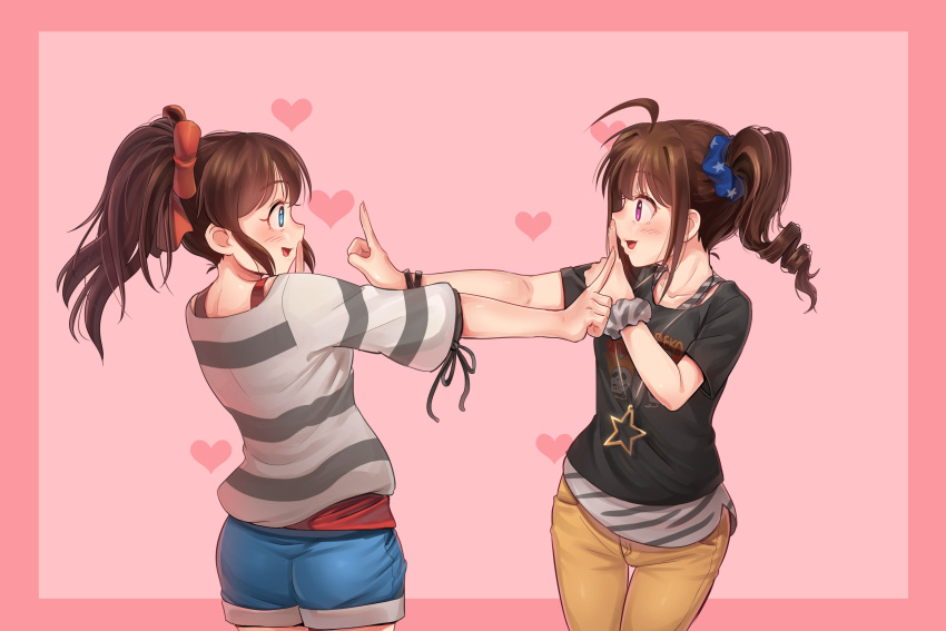 2girls ahoge ass blue_eyes blush bow bra bra_strap breasts brown_hair collarbone drill_hair finger_to_mouth from_side hair_bow heart highres idolmaster idolmaster_million_live! index_finger_raised jewelry kamille_(vcx68) koi_dance looking_at_another medium_breasts multiple_girls necklace open_mouth ponytail red_bow red_bra satake_minako short_hair short_sleeves side_drill smile star underwear violet_eyes yokoyama_nao