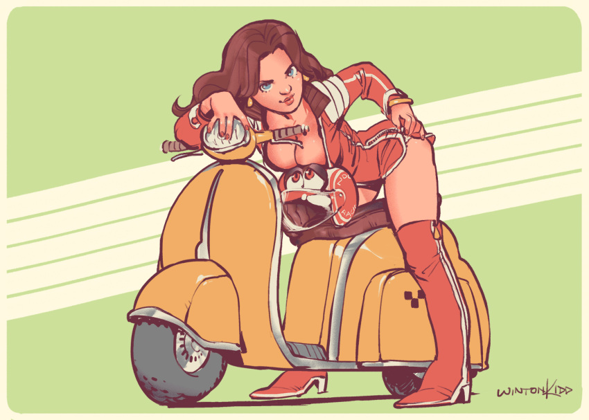 1girl alternate_costume bent_over biker_clothes bikesuit blue_eyes boots breasts brown_hair cappy_(mario) cleavage ground_vehicle helmet looking_at_viewer super_mario_bros. mario_kart motor_vehicle pauline scooter smile super_mario_odyssey thigh-highs thigh_boots vespa winton_kidd