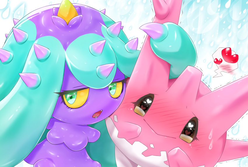 absurdres aije blush corsola eyelashes fangs green_eyes half-closed_eyes heart heart-shaped_pupils highres mareanie no_humans pokemon pokemon_(creature) pokemon_(game) pokemon_sm spikes sweatdrop symbol-shaped_pupils tentacle_hair thought_bubble trembling yellow_sclera