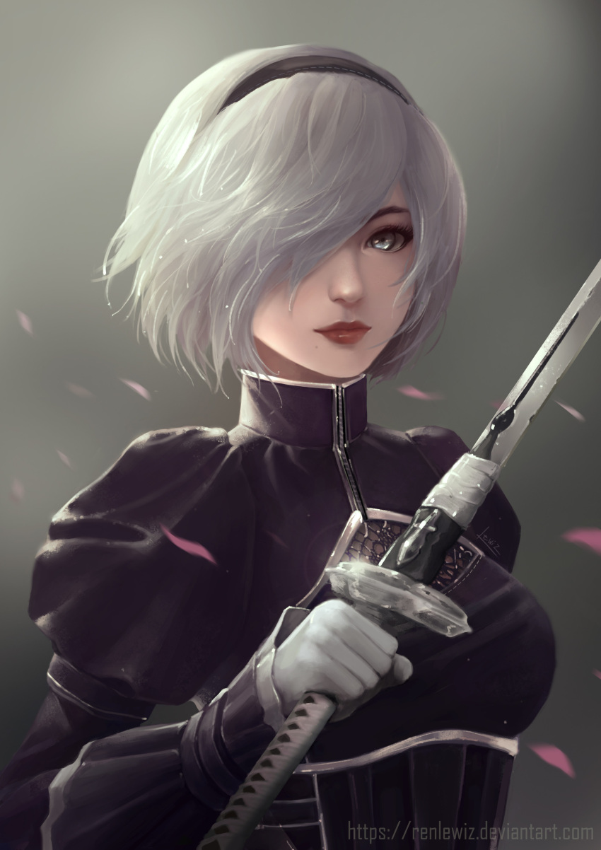 absurdres android black_dress black_hairband blue_eyes cleavage_cutout dress facing_viewer gloves hairband highres holding holding_sword holding_weapon juliet_sleeves long_sleeves mole mole_under_mouth nier_(series) nier_automata pink_lips puffy_sleeves robot_joints silver_hair sword vambraces weapon white_gloves yorha_type_a_no._2